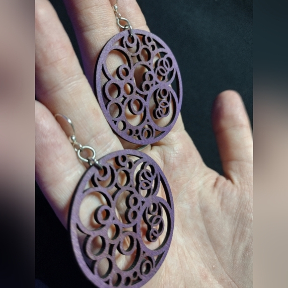 Purple Wooden Circle Dangle Earrings - Picture 4 of 6